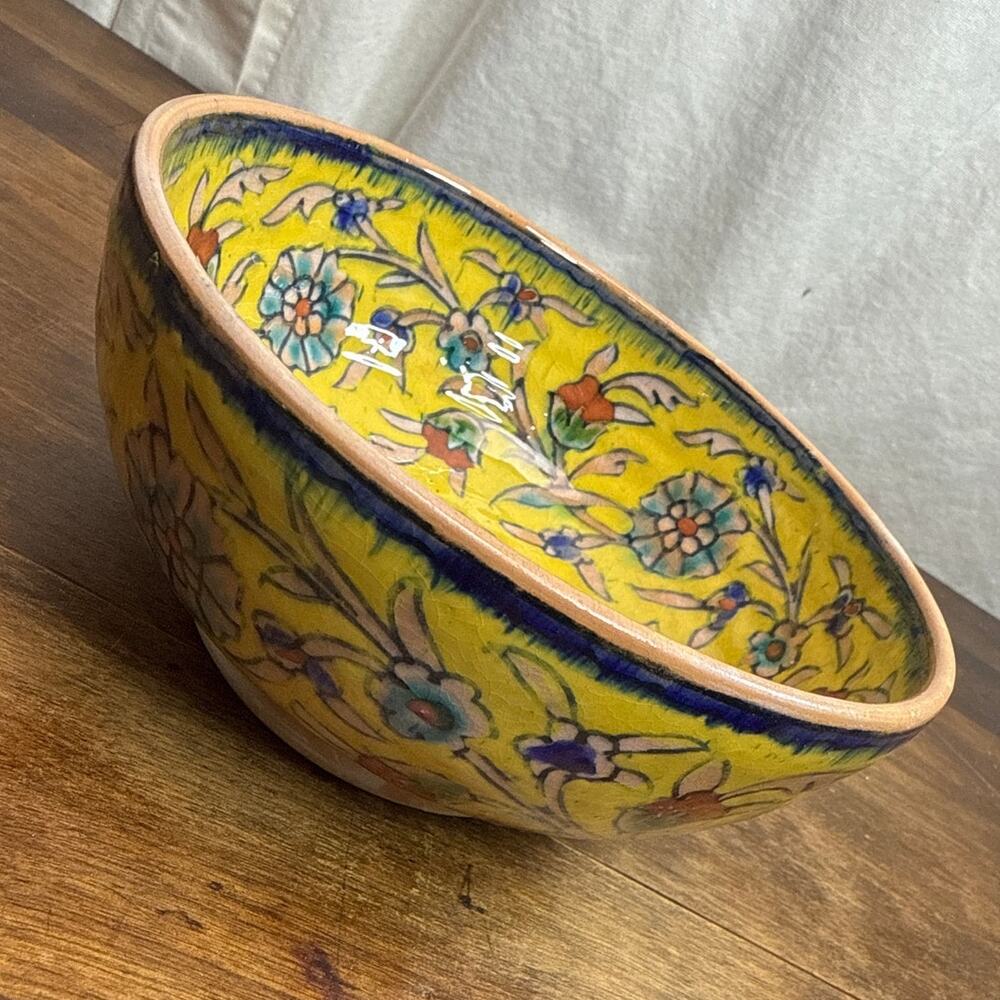 Vintage Enamel Ceramic Turkish Bowl Vibrant Yellow & Multicolor Floral Design